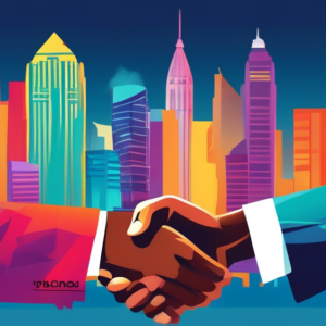 A handshake in front of a stylized Orlando skyline with a Grand Opening banner draped between two buildings.