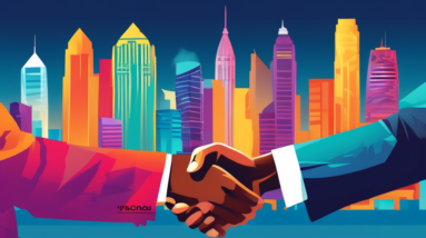 A handshake in front of a stylized Orlando skyline with a Grand Opening banner draped between two buildings.