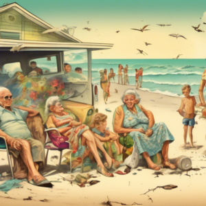 A cracked and faded Florida postcard depicting a crowded, polluted beach with an unhappy family and a bored elderly couple.