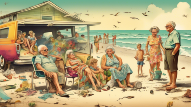 A cracked and faded Florida postcard depicting a crowded, polluted beach with an unhappy family and a bored elderly couple.