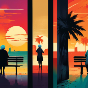 A divided image. One side depicts a happy family playing on a beach with a sunset and palm trees. The other side shows an elderly couple looking sad on a bench in a dark, rainy city alley.
