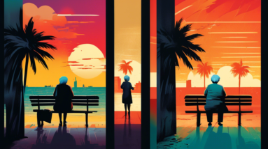 A divided image. One side depicts a happy family playing on a beach with a sunset and palm trees. The other side shows an elderly couple looking sad on a bench in a dark, rainy city alley.