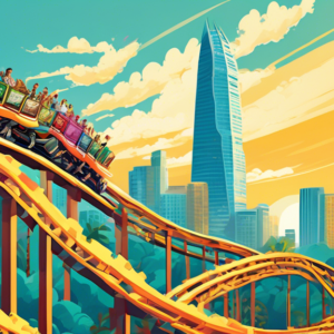 A rollercoaster climbing a steep track made of stacks of money, set against a backdrop of the Orlando skyline with a bright, sunny sky.