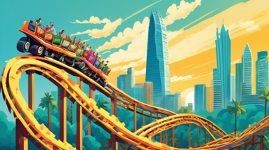 A rollercoaster climbing a steep track made of stacks of money, set against a backdrop of the Orlando skyline with a bright, sunny sky.