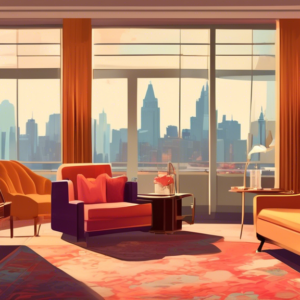 A luxurious apartment interior with mid-century modern furniture, large windows overlooking a cityscape, and subtle details hinting at its past as a grand hotel, such as vintage luggage by the door an