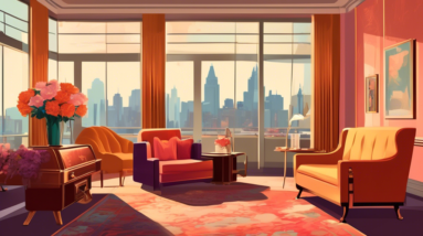 A luxurious apartment interior with mid-century modern furniture, large windows overlooking a cityscape, and subtle details hinting at its past as a grand hotel, such as vintage luggage by the door an