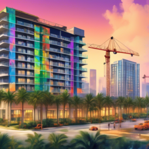 Construction cranes building a modern apartment complex with a coming soon sign that says Alta Trilogy surrounded by palm trees and lush greenery with the Orlando skyline in the background.