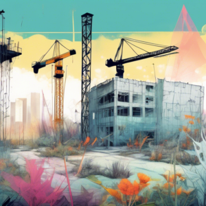 A bustling construction site with cranes frozen mid-air, covered in cobwebs, and surrounded by overgrown weeds and a faded Project Paused sign.