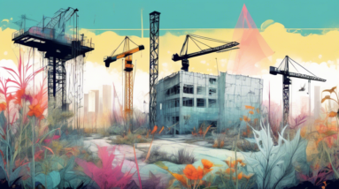 A bustling construction site with cranes frozen mid-air, covered in cobwebs, and surrounded by overgrown weeds and a faded Project Paused sign.