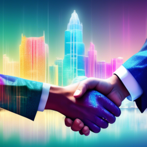 A handshake in front of a sparkling cityscape of Orlando, Florida, with a translucent Now Open sign superimposed over a skyscraper.