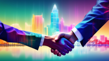 A handshake in front of a sparkling cityscape of Orlando, Florida, with a translucent Now Open sign superimposed over a skyscraper.