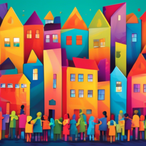 A diverse group of people collaborating, building a colorful, abstract cityscape puzzle with pieces shaped like houses.