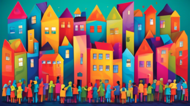 A diverse group of people collaborating, building a colorful, abstract cityscape puzzle with pieces shaped like houses.