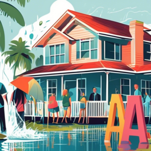 A for sale sign with a dramatically reduced price and a line of eager buyers outbidding each other in front of a flooded Florida home.