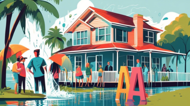 A for sale sign with a dramatically reduced price and a line of eager buyers outbidding each other in front of a flooded Florida home.