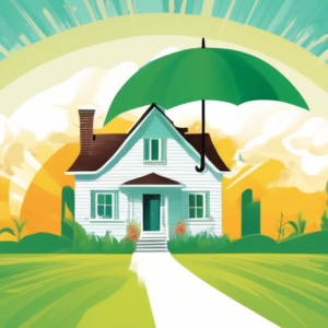 A Florida home with a bright, sunny sky overhead, being embraced by a large, supportive hand holding an umbrella that says Property Insurance. Emerging from behind the home are small green shoots of