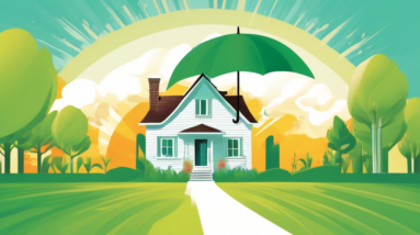 A Florida home with a bright, sunny sky overhead, being embraced by a large, supportive hand holding an umbrella that says Property Insurance. Emerging from behind the home are small green shoots of