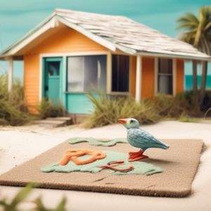 A cracked snowbird figurine laying on a dusty welcome mat in front of a run-down beach bungalow with overgrown weeds and a faded Florida postcard in the window.