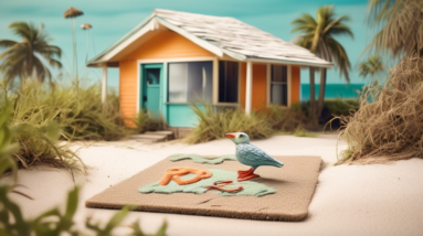 A cracked snowbird figurine laying on a dusty welcome mat in front of a run-down beach bungalow with overgrown weeds and a faded Florida postcard in the window.