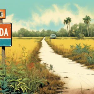 A faded Welcome to Florida sign with families and retirees running away from it, overgrown with weeds and a For Sale sign tilted on it