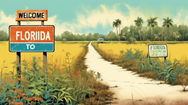 A faded Welcome to Florida sign with families and retirees running away from it, overgrown with weeds and a For Sale sign tilted on it