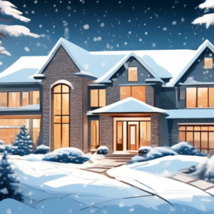 A modern, luxurious home with a welcoming entryway adorned with winter holiday decorations, framed by snow-dusted pine trees and a glimpse of a upscale neighborhood in the background.