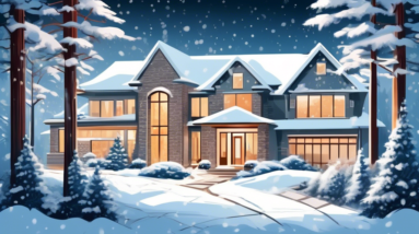 A modern, luxurious home with a welcoming entryway adorned with winter holiday decorations, framed by snow-dusted pine trees and a glimpse of a upscale neighborhood in the background.