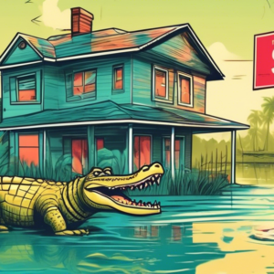 A for sale sign with a slashed price tag in front of a flooded house in a tropical environment, with a worried-looking alligator in the flooded front yard.