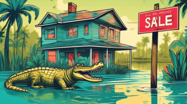 A for sale sign with a slashed price tag in front of a flooded house in a tropical environment, with a worried-looking alligator in the flooded front yard.