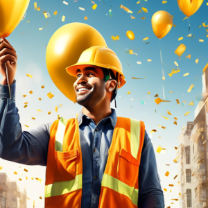 A celebratory photorealistic image of a construction worker in front of a cityscape holding a large golden 40 balloon with houses inside the numbers reflecting in his hard hat. There are celebratory