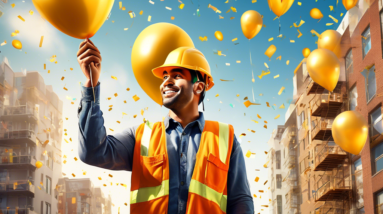 A celebratory photorealistic image of a construction worker in front of a cityscape holding a large golden 40 balloon with houses inside the numbers reflecting in his hard hat. There are celebratory