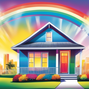 A Florida home with a bright, shining For Sale sign in the yard and a rainbow arcing over a cityscape background, symbolizing hope and a brighter future.