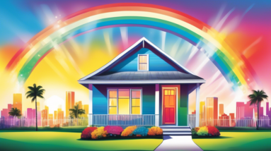 A Florida home with a bright, shining For Sale sign in the yard and a rainbow arcing over a cityscape background, symbolizing hope and a brighter future.