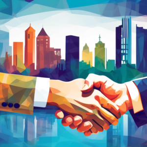 A handshake in front of a stylized cityscape of Orlando, Florida with the Stream Realty Partners logo superimposed.