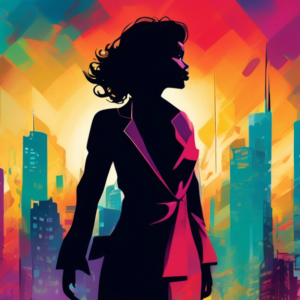 A powerful woman with a determined expression stands in the heart of a bustling city, her silhouette blending with the skyscrapers, symbolizing her impact and influence.