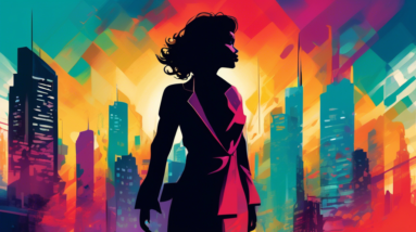 A powerful woman with a determined expression stands in the heart of a bustling city, her silhouette blending with the skyscrapers, symbolizing her impact and influence.