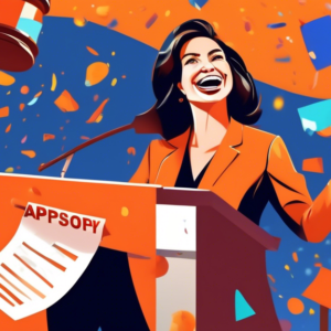 A smiling woman in a pantsuit stands at a podium draped with an Orange County Property Appraiser banner, confetti falling around her as a judge's gavel lays on a dropped legal document.