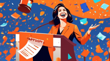 A smiling woman in a pantsuit stands at a podium draped with an Orange County Property Appraiser banner, confetti falling around her as a judge's gavel lays on a dropped legal document.