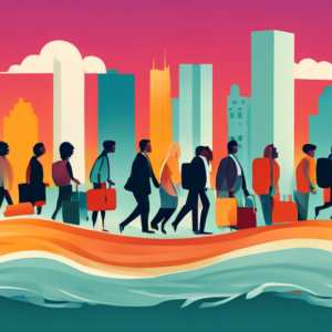 A wave composed of people from diverse backgrounds carrying suitcases and looking hopefully towards a city on the horizon.