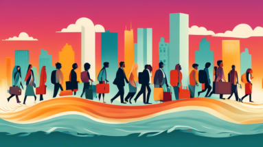 A wave composed of people from diverse backgrounds carrying suitcases and looking hopefully towards a city on the horizon.