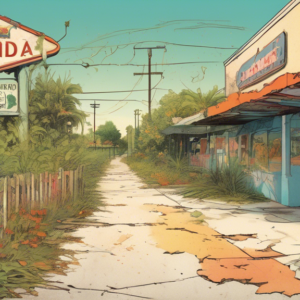 A faded postcard depicting a cracked sidewalk with overgrown weeds, a boarded-up amusement park ride in the background, and a sign reading Welcome to ___ Florida with the town name obscured by a peeli