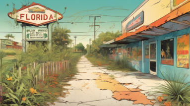 A faded postcard depicting a cracked sidewalk with overgrown weeds, a boarded-up amusement park ride in the background, and a sign reading Welcome to ___ Florida with the town name obscured by a peeli