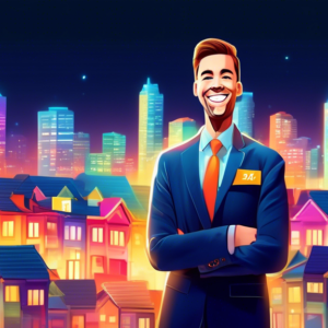 A smiling real estate agent with a 2024 All Star award superimposed over a cityscape with glowing houses for sale.