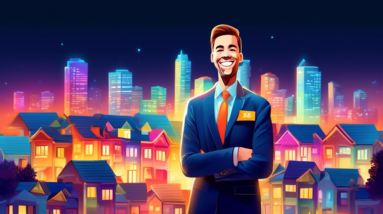 A smiling real estate agent with a 2024 All Star award superimposed over a cityscape with glowing houses for sale.