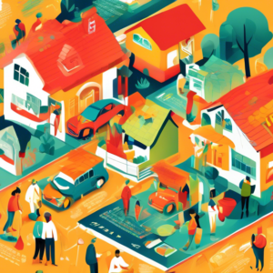 An infographic-style illustration depicting a bustling real estate market, featuring diverse sellers preparing their homes for sale. Include elements like 'Staging Tips,' 'Pricing Strategies,' and 'Ma