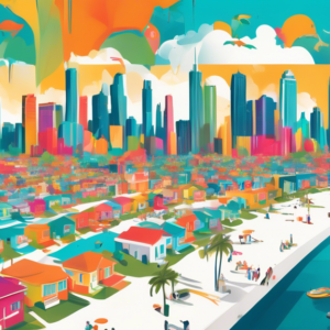 An eye-catching graphic illustrating the rising real estate costs in Florida, showcasing a vibrant city skyline with inflated house prices displayed on digital billboards. The scene includes a diverse