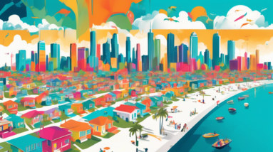 An eye-catching graphic illustrating the rising real estate costs in Florida, showcasing a vibrant city skyline with inflated house prices displayed on digital billboards. The scene includes a diverse