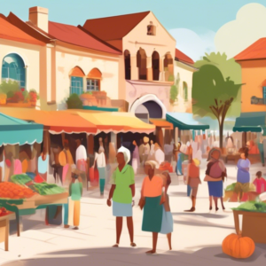 Create an illustration of a vibrant commercial market in The Villages, bustling with local families interacting with friendly vendors. Showcase a variety of colorful stalls selling fresh produce, hand