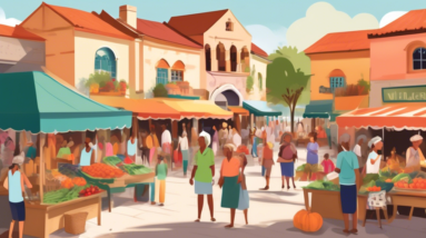 Create an illustration of a vibrant commercial market in The Villages, bustling with local families interacting with friendly vendors. Showcase a variety of colorful stalls selling fresh produce, hand