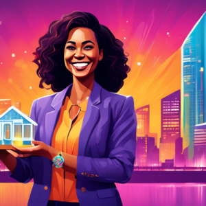 A smiling woman in a blazer holding a sparkling award shaped like a house in front of the Orlando city skyline.